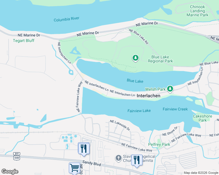 map of restaurants, bars, coffee shops, grocery stores, and more near 20415 Northeast Interlachen Lane in Fairview
