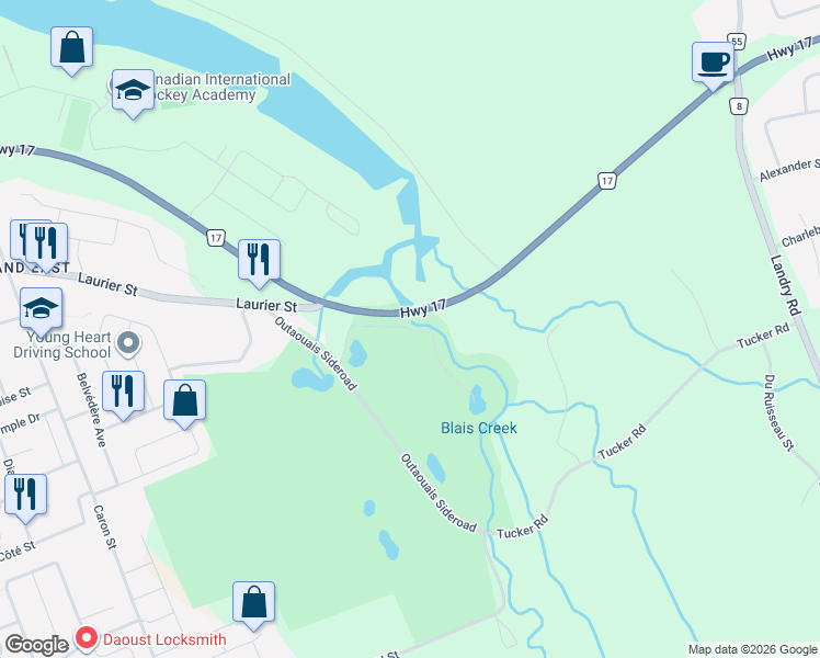 map of restaurants, bars, coffee shops, grocery stores, and more near 306 Masters Lane in Clarence-Rockland