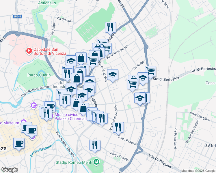 map of restaurants, bars, coffee shops, grocery stores, and more near 16 Via Marcello Fogolino in Vicenza