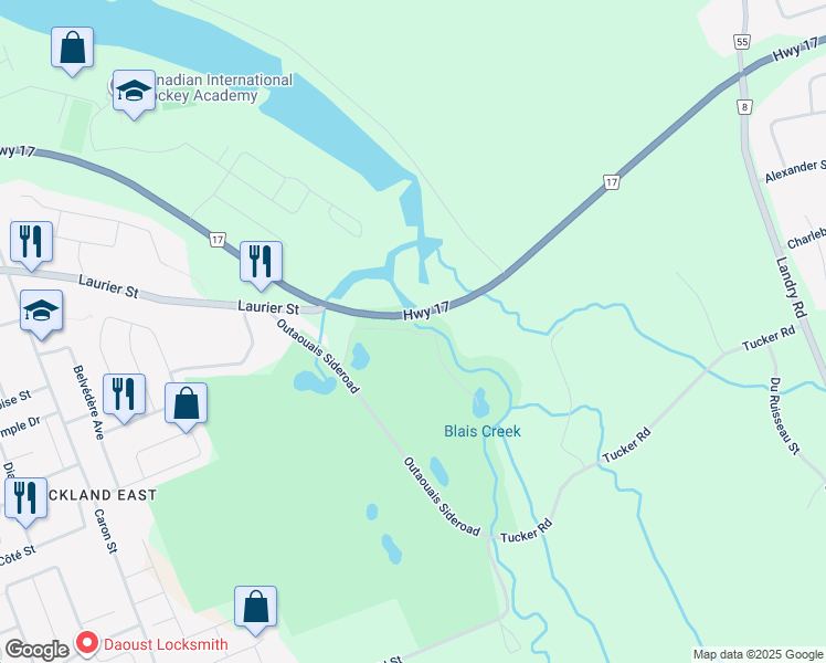 map of restaurants, bars, coffee shops, grocery stores, and more near 290 Masters Lane in Clarence-Rockland