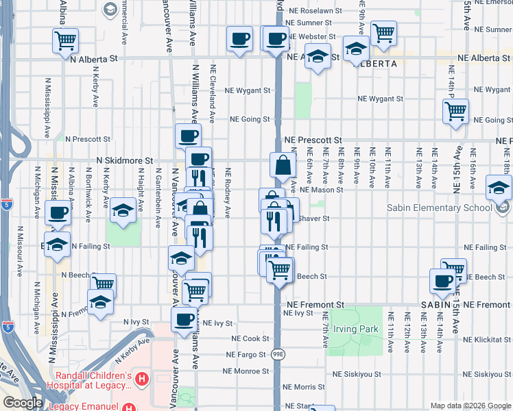 map of restaurants, bars, coffee shops, grocery stores, and more near 4037 Northeast Garfield Avenue in Portland