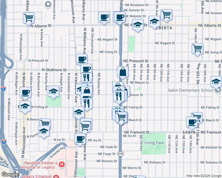 map of restaurants, bars, coffee shops, grocery stores, and more near 4037 Northeast Garfield Avenue in Portland