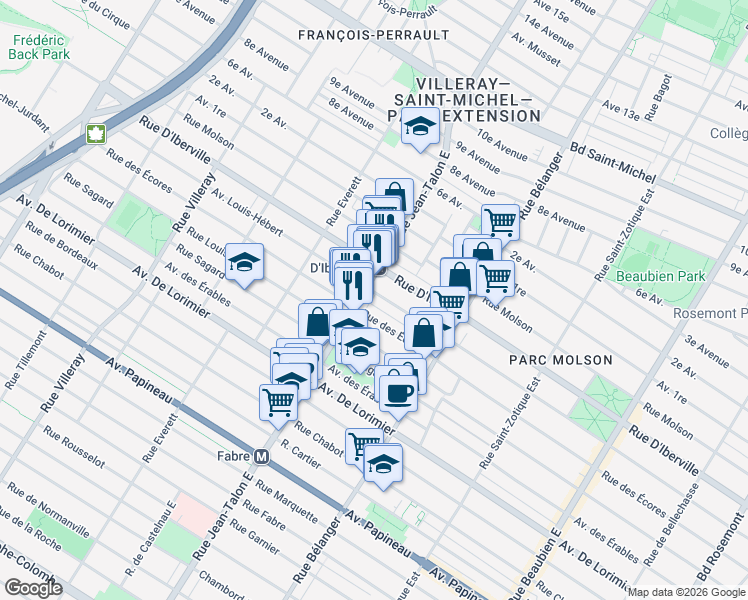 map of restaurants, bars, coffee shops, grocery stores, and more near 7126 Avenue Louis-Hébert in Montréal