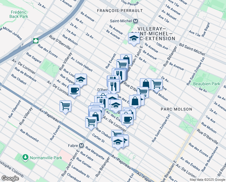 map of restaurants, bars, coffee shops, grocery stores, and more near 2357 Rue Jean-Talon Est in Montréal