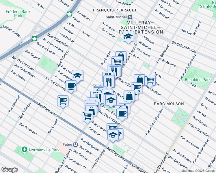 map of restaurants, bars, coffee shops, grocery stores, and more near in Montréal