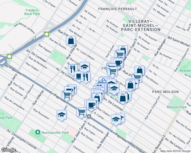 map of restaurants, bars, coffee shops, grocery stores, and more near 7290 Rue Louis-Hémon in Montréal