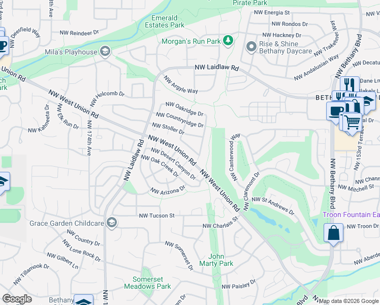 map of restaurants, bars, coffee shops, grocery stores, and more near 4627 Northwest Buckboard Drive in Portland
