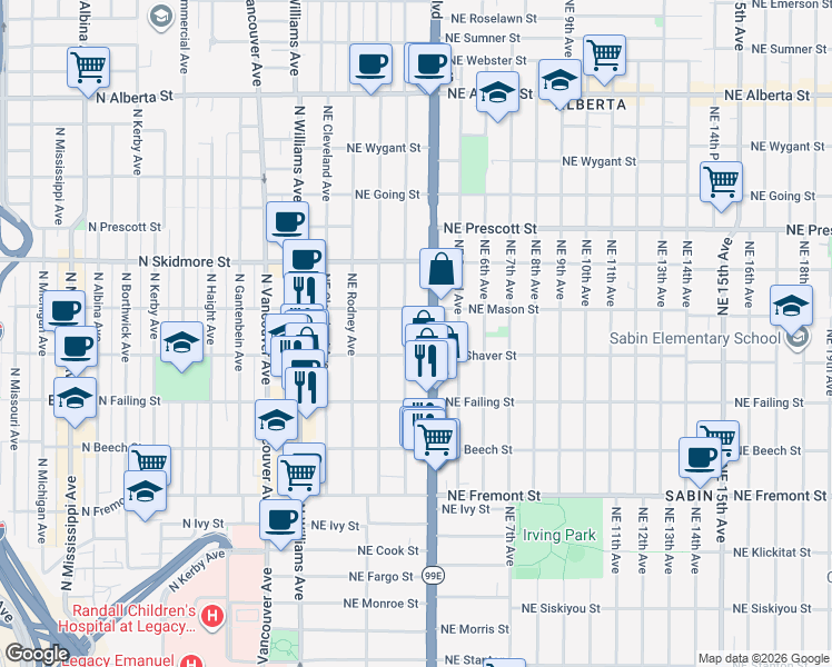 map of restaurants, bars, coffee shops, grocery stores, and more near 4036 Northeast Garfield Avenue in Portland