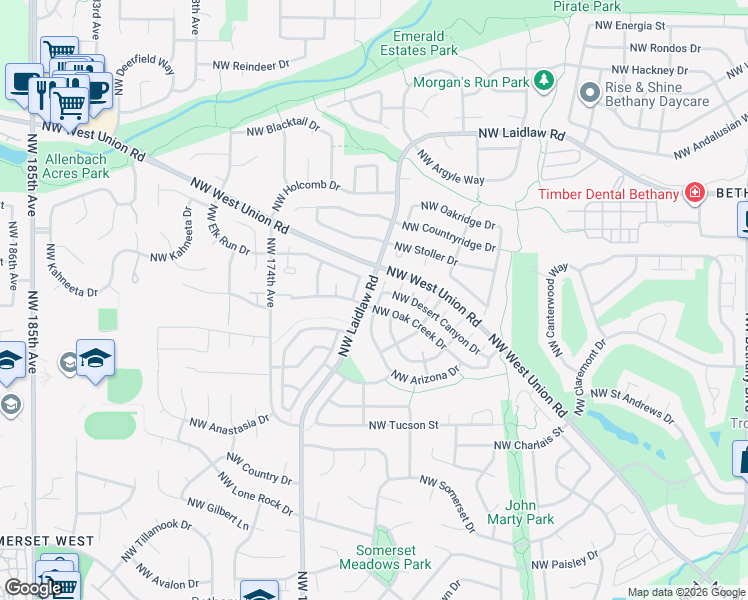 map of restaurants, bars, coffee shops, grocery stores, and more near 16941 Northwest Arizona Drive in Beaverton