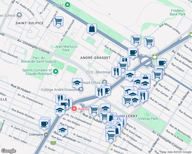map of restaurants, bars, coffee shops, grocery stores, and more near 1038 Place Pierre-Dupaigne in Montréal