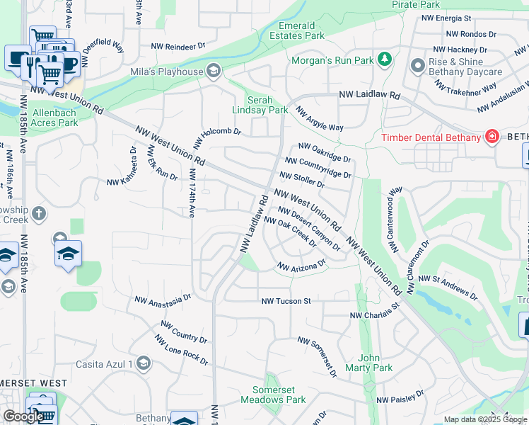 map of restaurants, bars, coffee shops, grocery stores, and more near 16958 Northwest Arizona Drive in Beaverton