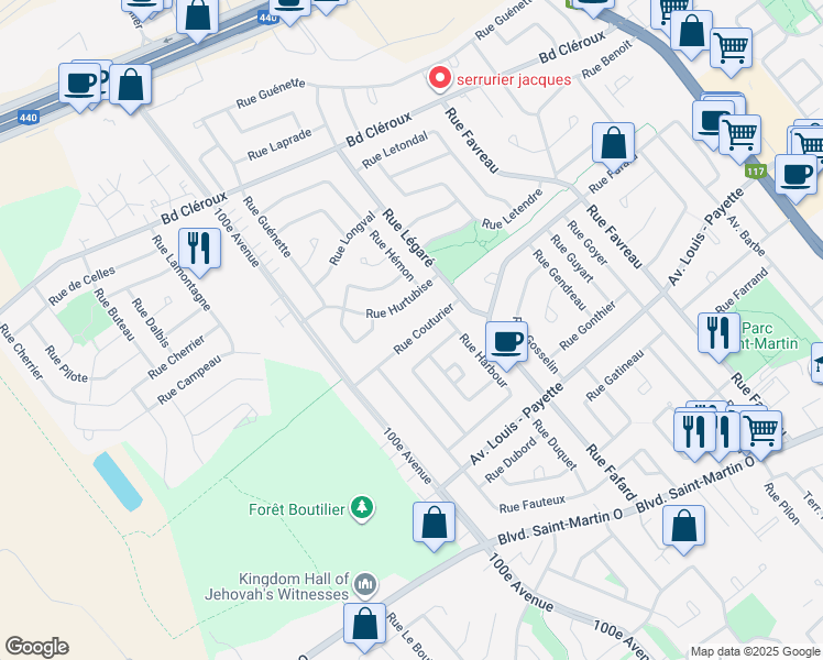 map of restaurants, bars, coffee shops, grocery stores, and more near 4539 Rue Couturier in Laval