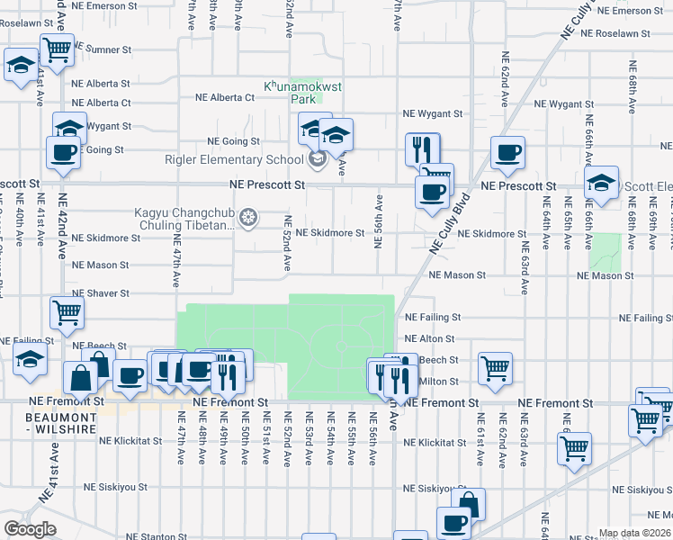 map of restaurants, bars, coffee shops, grocery stores, and more near 5405 Northeast Mason Street in Portland