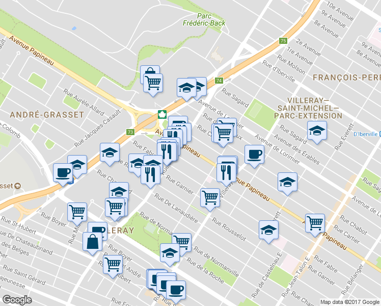 map of restaurants, bars, coffee shops, grocery stores, and more near 8042 Avenue Papineau in Montréal