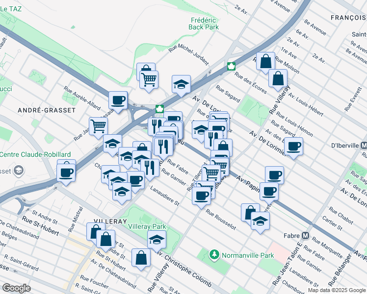 map of restaurants, bars, coffee shops, grocery stores, and more near 8052 Avenue Papineau in Montréal
