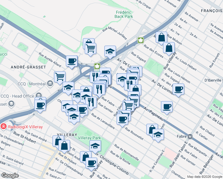 map of restaurants, bars, coffee shops, grocery stores, and more near 8052 Avenue Papineau in Montréal