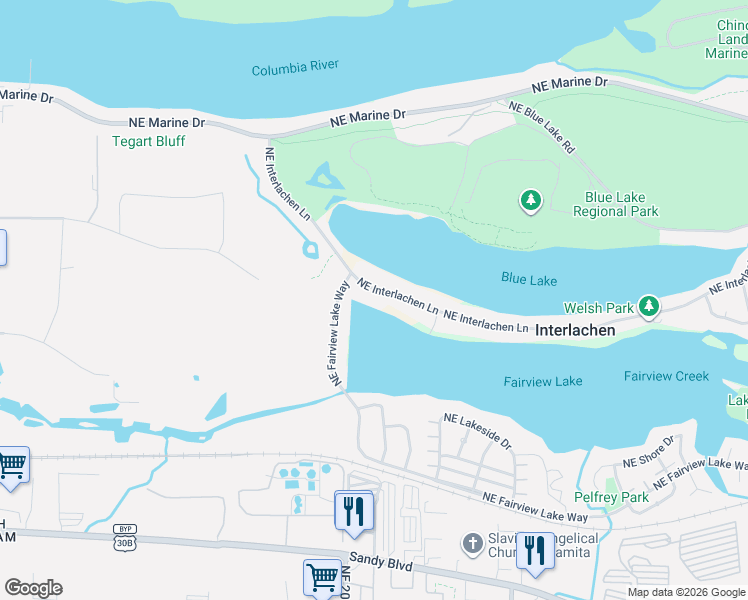 map of restaurants, bars, coffee shops, grocery stores, and more near 20122 Northeast Interlachen Lane in Fairview
