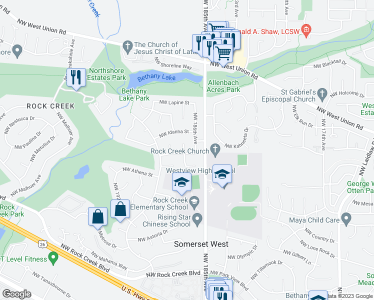 map of restaurants, bars, coffee shops, grocery stores, and more near 18665 Northwest Tolovana Street in Portland