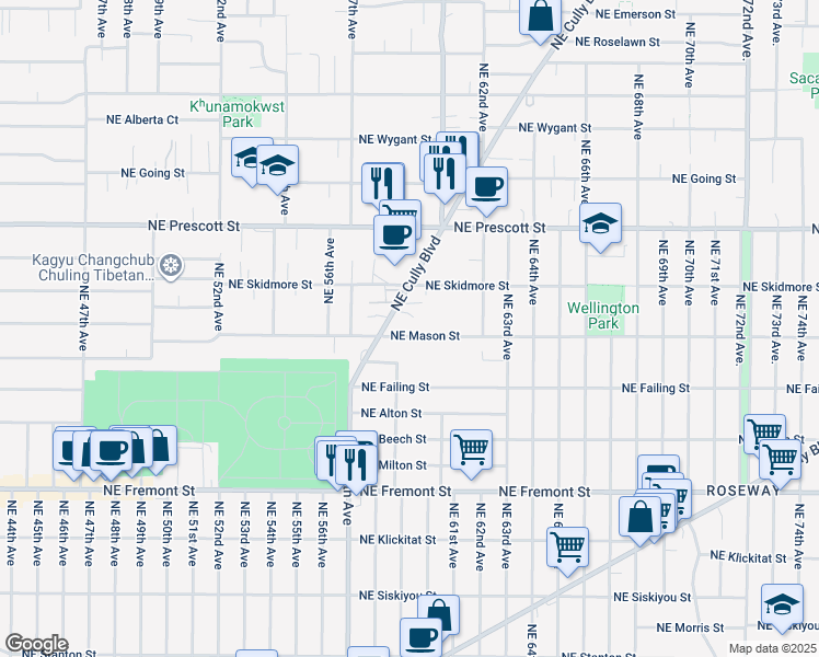 map of restaurants, bars, coffee shops, grocery stores, and more near 5901 Northeast Shaver Street in Portland