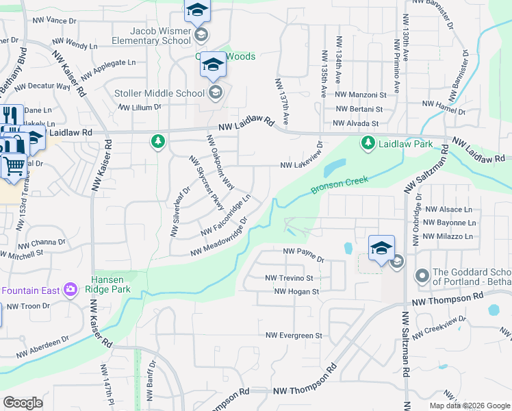 map of restaurants, bars, coffee shops, grocery stores, and more near 13934 Northwest Meadowridge Drive in Portland