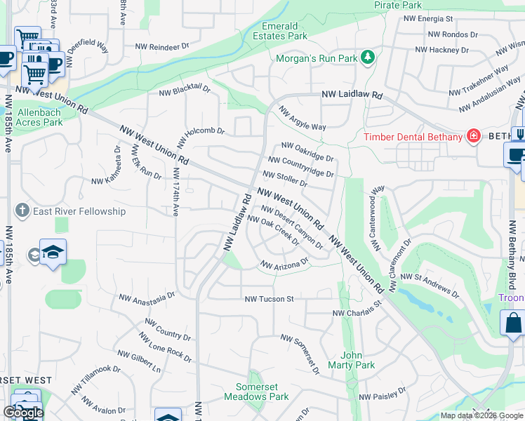 map of restaurants, bars, coffee shops, grocery stores, and more near 16860 Northwest Oak Creek Drive in Beaverton