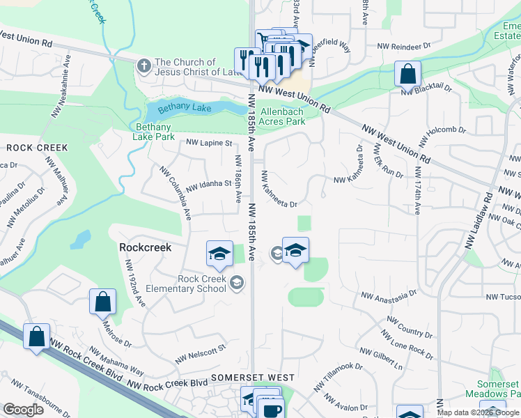 map of restaurants, bars, coffee shops, grocery stores, and more near 4470 Northwest 185th Avenue in Portland