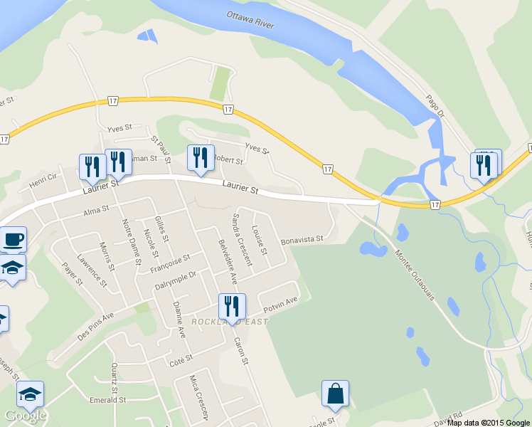 map of restaurants, bars, coffee shops, grocery stores, and more near 179 Sandra Crescent in Clarence-Rockland