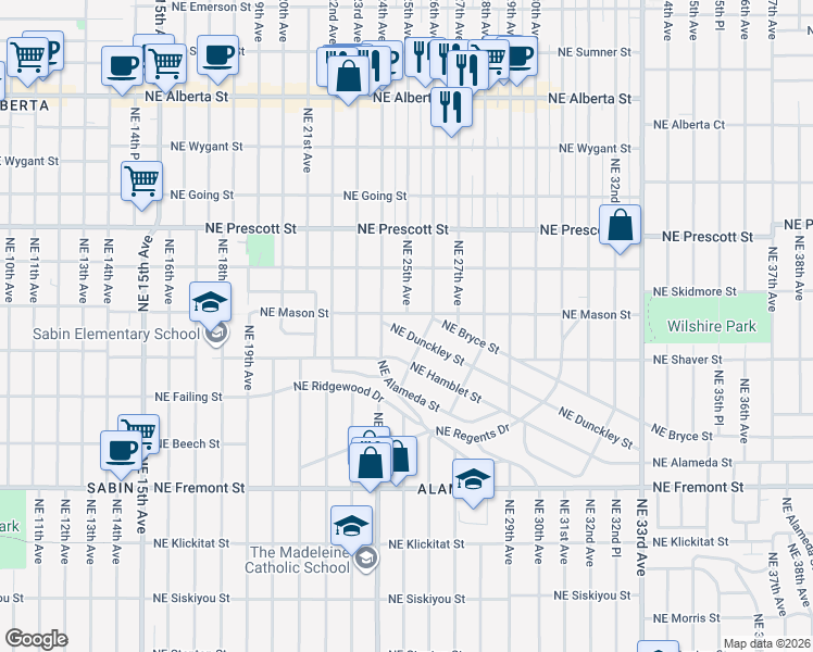 map of restaurants, bars, coffee shops, grocery stores, and more near 2447 Northeast Dunckley Street in Portland