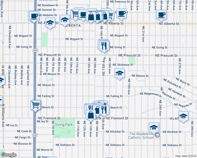 map of restaurants, bars, coffee shops, grocery stores, and more near 1430 Northeast Mason Street in Portland