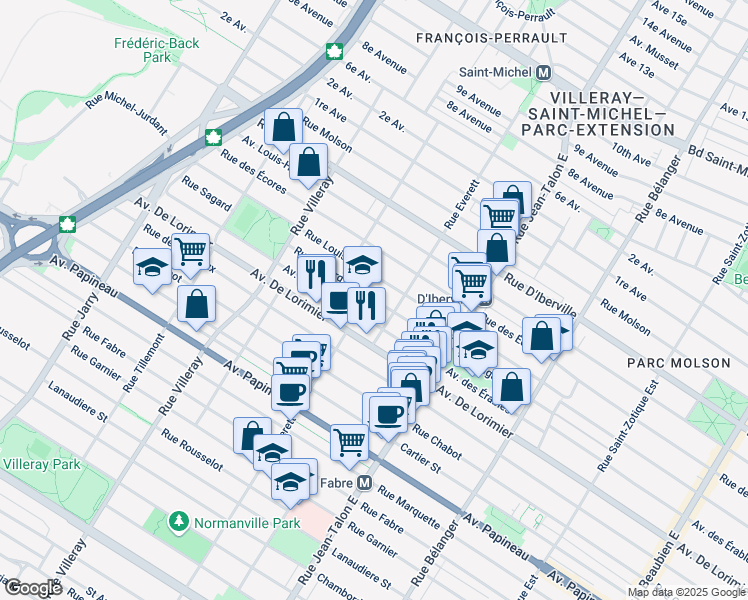 map of restaurants, bars, coffee shops, grocery stores, and more near Rue Sagard in Montréal