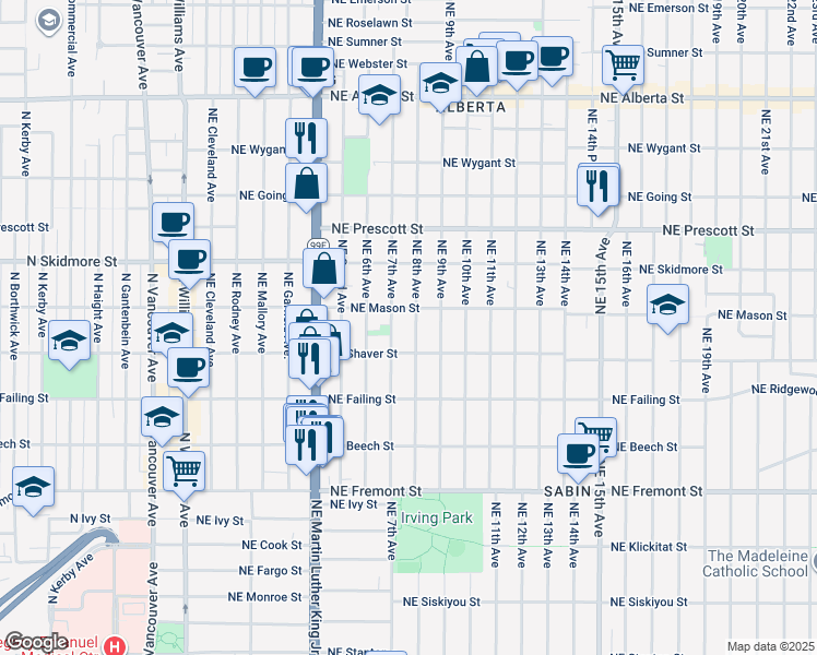 map of restaurants, bars, coffee shops, grocery stores, and more near 4047 Northeast 8th Avenue in Portland