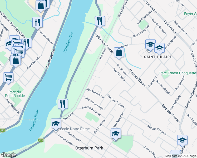 map of restaurants, bars, coffee shops, grocery stores, and more near 322 Rue des Vétérans in Mont-Saint-Hilaire
