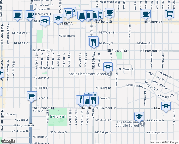 map of restaurants, bars, coffee shops, grocery stores, and more near 1430 NE Mason St in Portland
