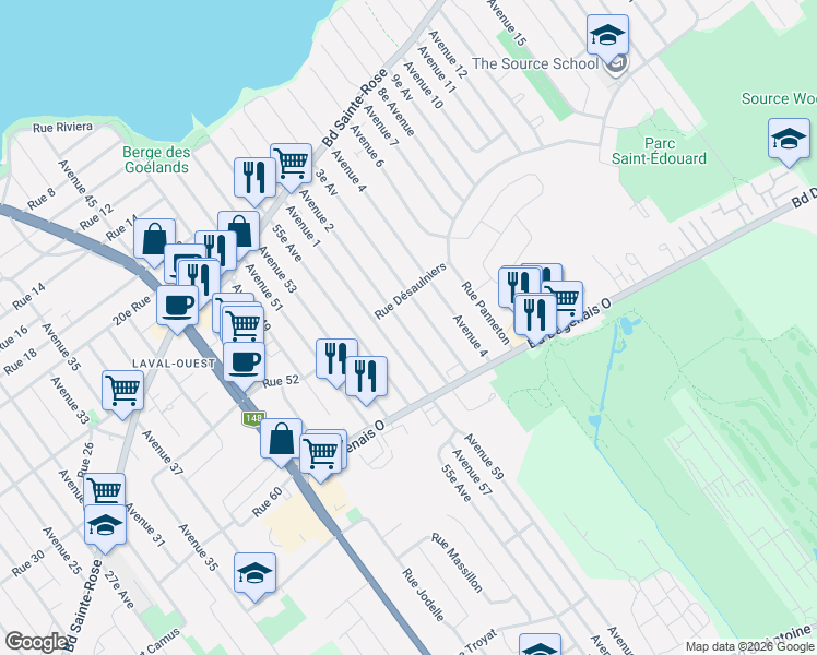 map of restaurants, bars, coffee shops, grocery stores, and more near 667 2e Av in Laval