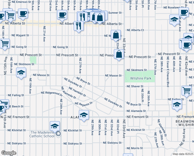 map of restaurants, bars, coffee shops, grocery stores, and more near 4063 Northeast 30th Avenue in Portland