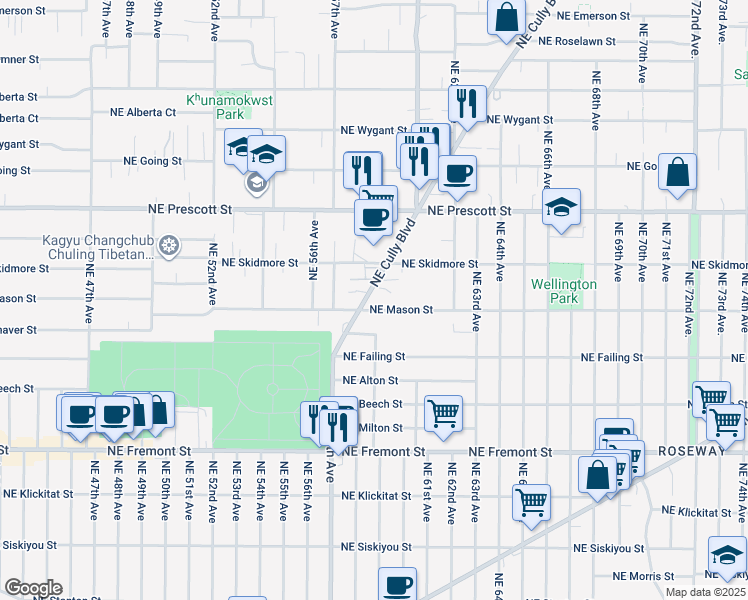 map of restaurants, bars, coffee shops, grocery stores, and more near 4146 Northeast Cully Boulevard in Portland