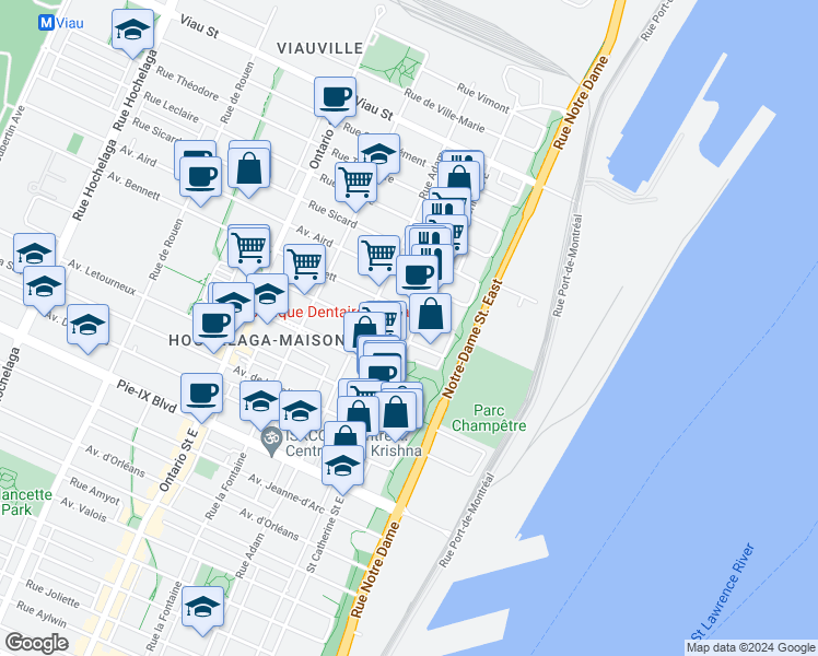 map of restaurants, bars, coffee shops, grocery stores, and more near 4487 Rue Sainte-Catherine Est in Montréal