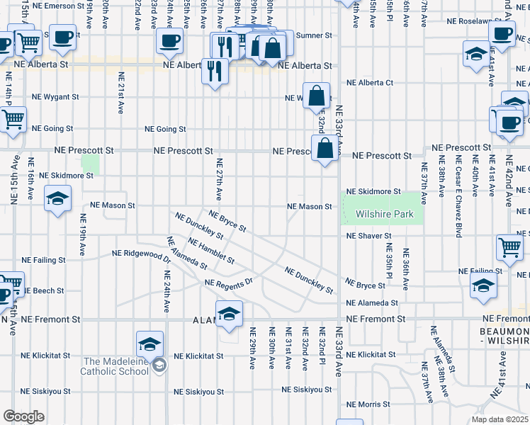 map of restaurants, bars, coffee shops, grocery stores, and more near 4063 Northeast 30th Avenue in Portland