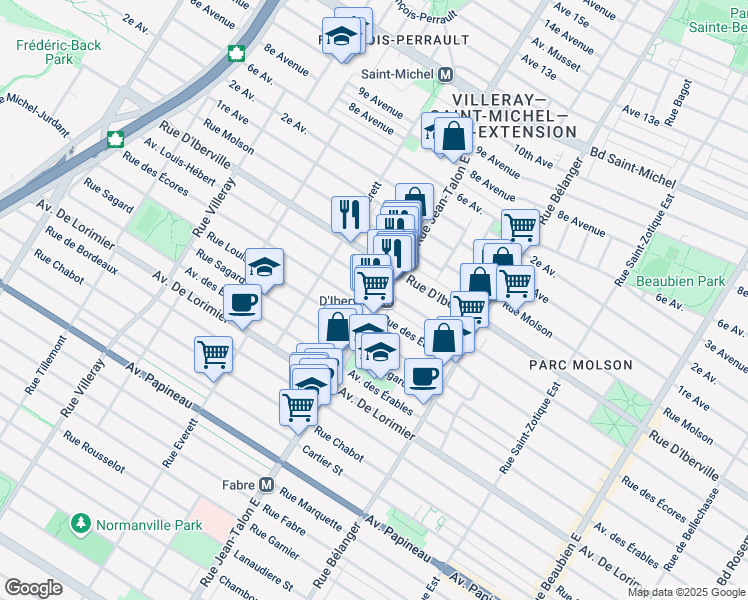 map of restaurants, bars, coffee shops, grocery stores, and more near in Montréal