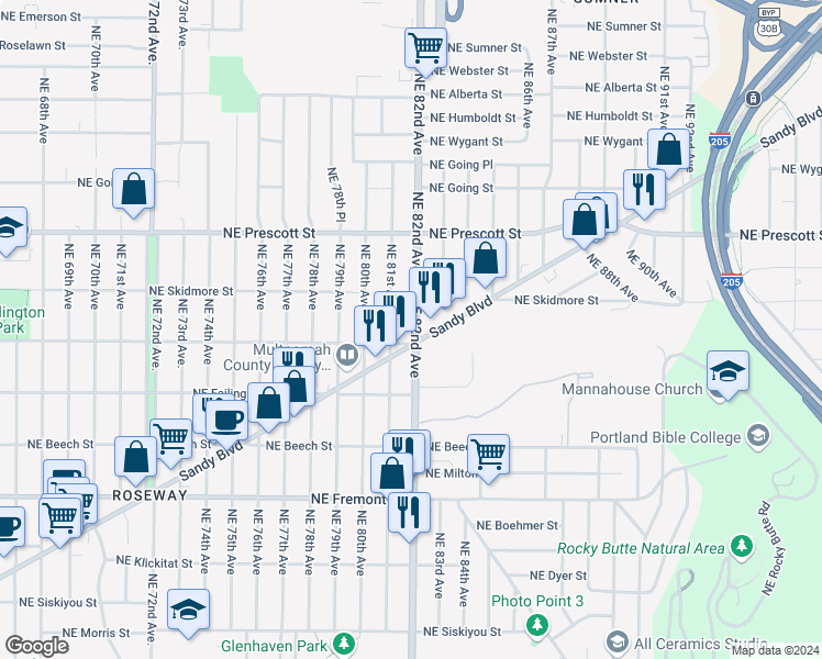 map of restaurants, bars, coffee shops, grocery stores, and more near 4241 Cascade Highway in Portland