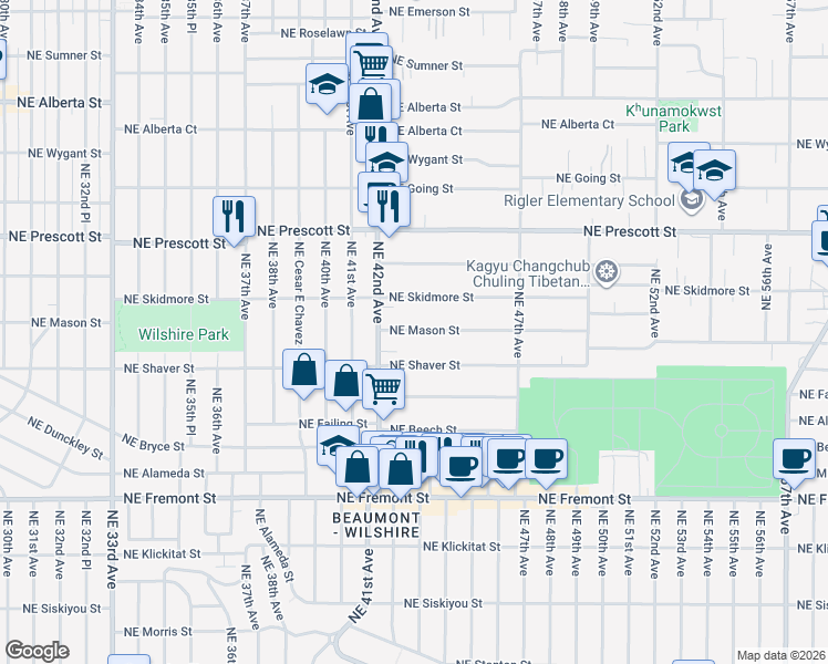 map of restaurants, bars, coffee shops, grocery stores, and more near 4310 Northeast Skidmore Street in Portland