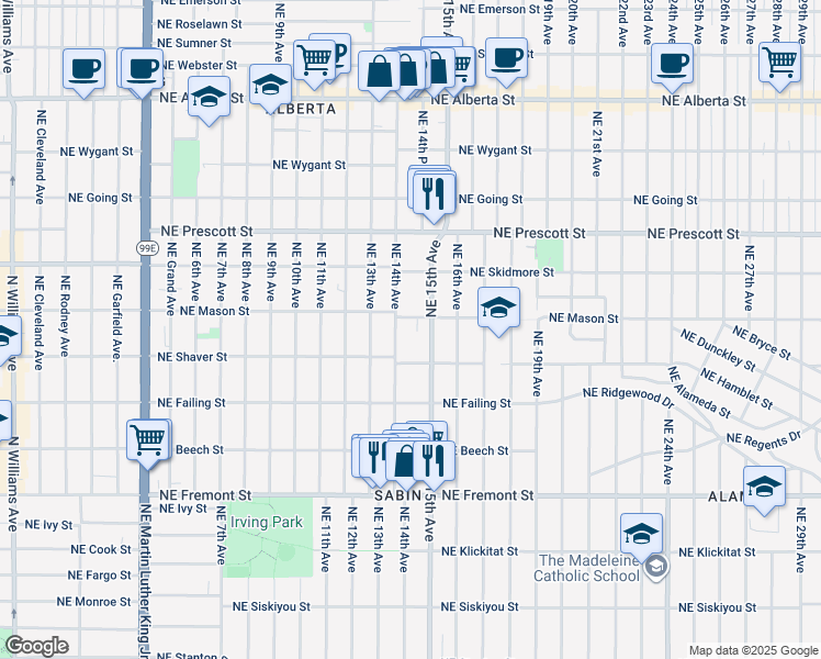 map of restaurants, bars, coffee shops, grocery stores, and more near 4125 Northeast 15th Avenue in Portland