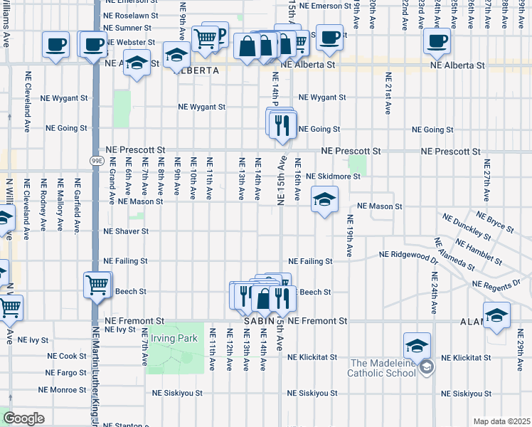 map of restaurants, bars, coffee shops, grocery stores, and more near 4115 Northeast 14th Avenue in Portland