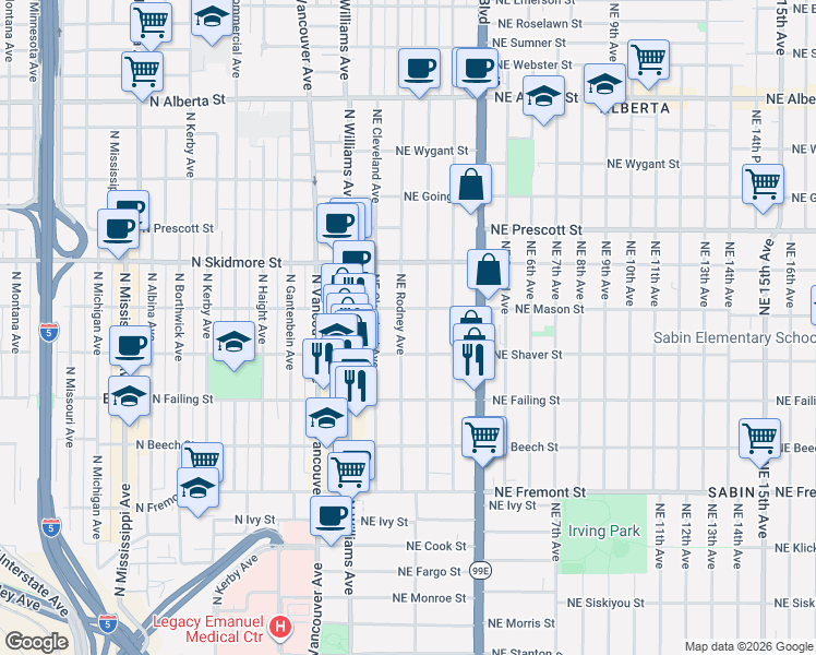 map of restaurants, bars, coffee shops, grocery stores, and more near 129 Northeast Mason Street in Portland