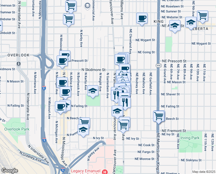 map of restaurants, bars, coffee shops, grocery stores, and more near 229 North Gantenbein Ave-Vancouver Avenue Alley in Portland