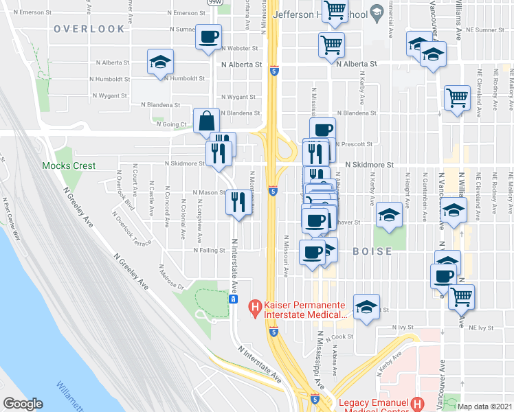 map of restaurants, bars, coffee shops, grocery stores, and more near 1226 North Mason Street in Portland