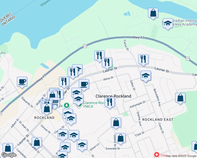 map of restaurants, bars, coffee shops, grocery stores, and more near 1240 Laurier Street in Clarence-Rockland