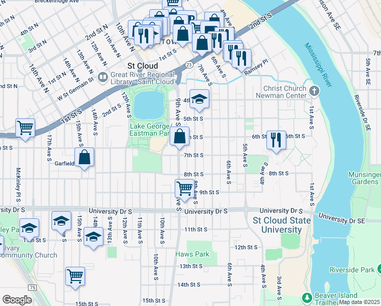 map of restaurants, bars, coffee shops, grocery stores, and more near 601 8th Avenue South in St. Cloud