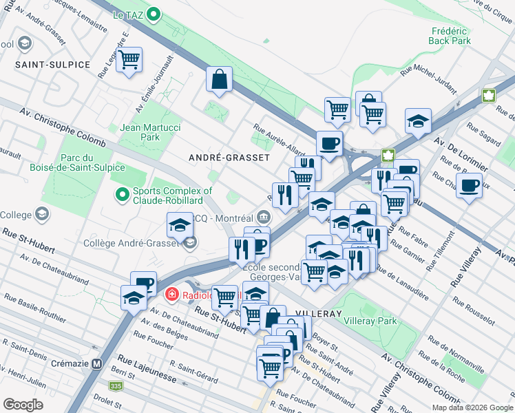 map of restaurants, bars, coffee shops, grocery stores, and more near 8501 Rue Pierre Dupaigne in Montreal