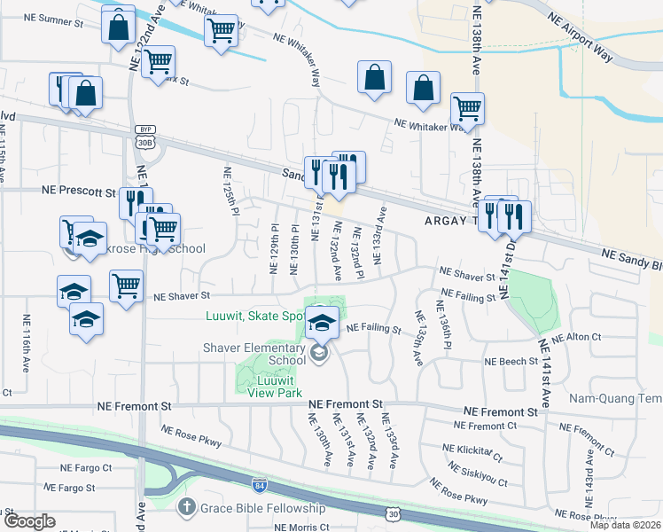 map of restaurants, bars, coffee shops, grocery stores, and more near 4205 Northeast 132nd Place in Portland